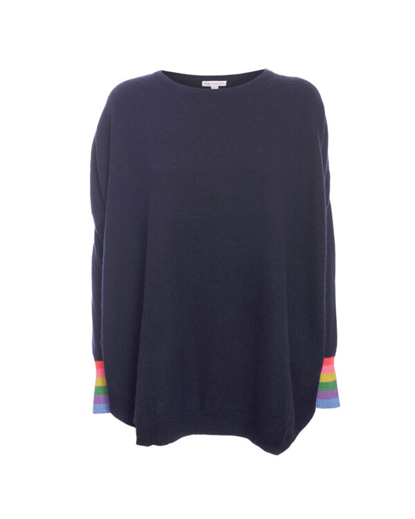 Cashmere Mix Rainbow Cuff Curved Hem Jumper - Navy Marl