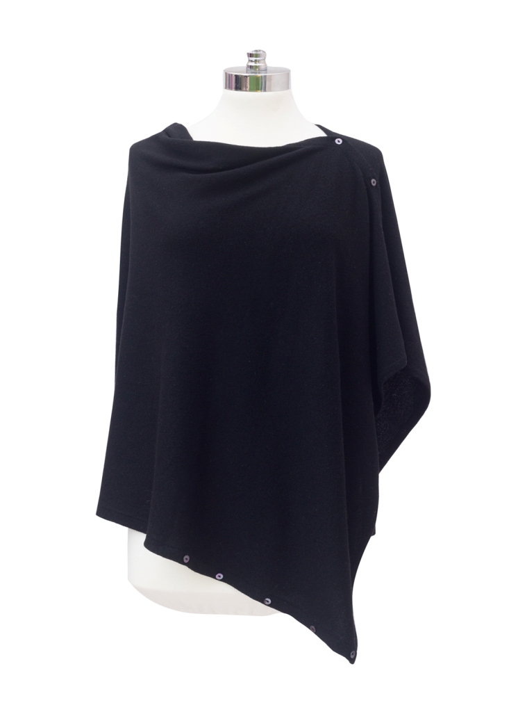 Cashmere Buttoned Poncho Wrap – Black