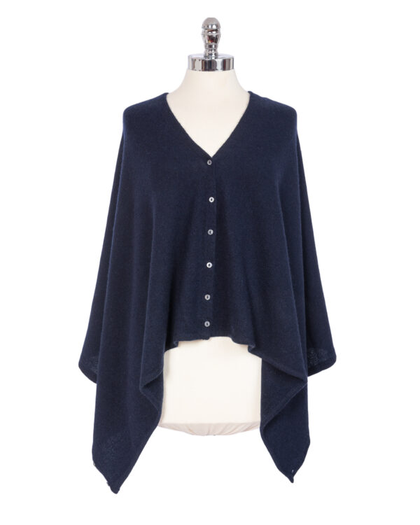 Cashmere Buttoned Poncho Wrap - Navy