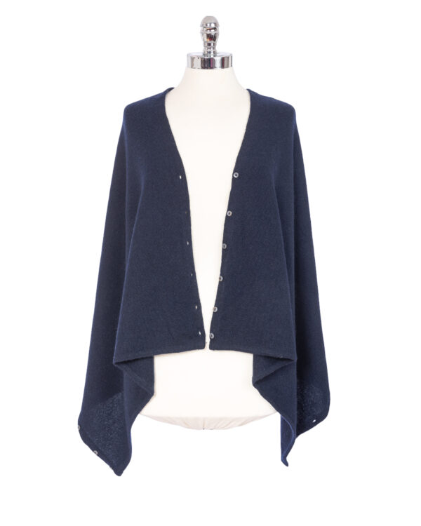 Cashmere Buttoned Poncho Wrap - Navy