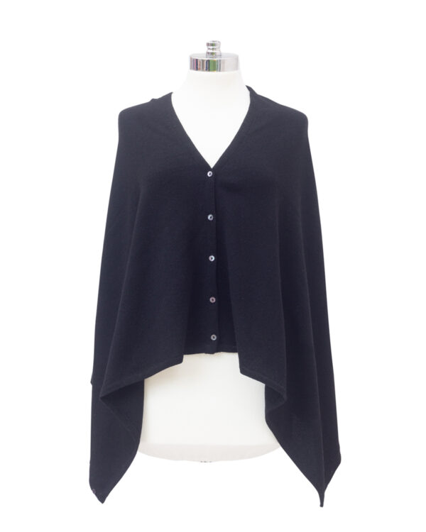 Cashmere Buttoned Poncho Wrap - Black