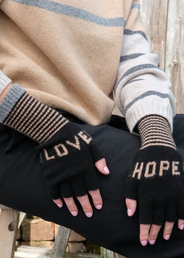 Quinton & Chadwick Fingerless Love Hope Gloves in Black, Taupe and Grey