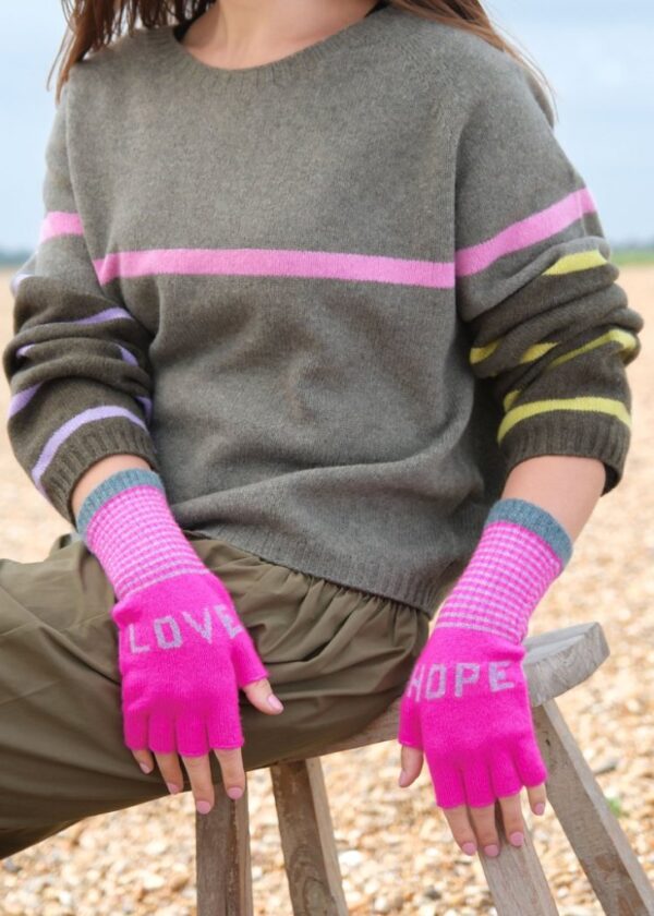 Fingerless Love Hope Gloves in Pink, and seaweed