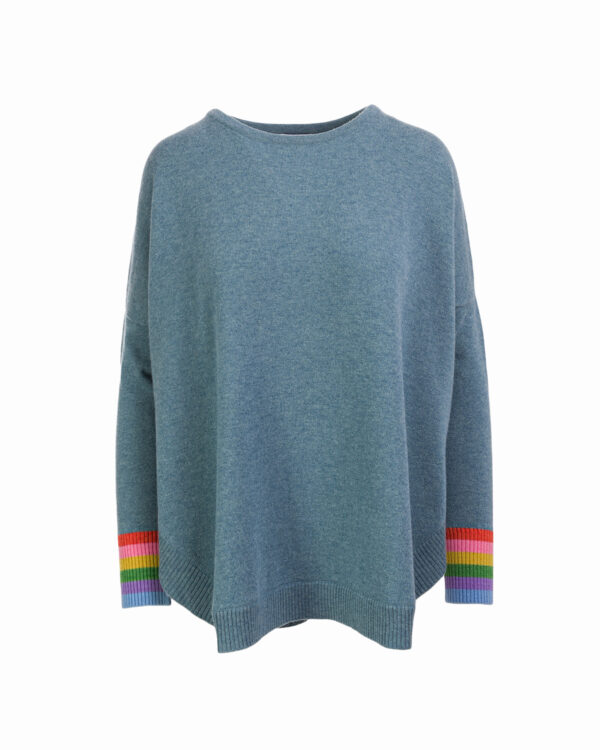 Cashmere Mix Rainbow Cuff Curved Hem Jumper - Teal Marl