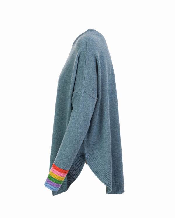 Cashmere Mix Rainbow Cuff Curved Hem Jumper - Teal Marl