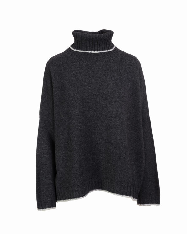 Cashmere Mix Roll Neck Box Knit Jumper - Graphite Marl/Silver Marl