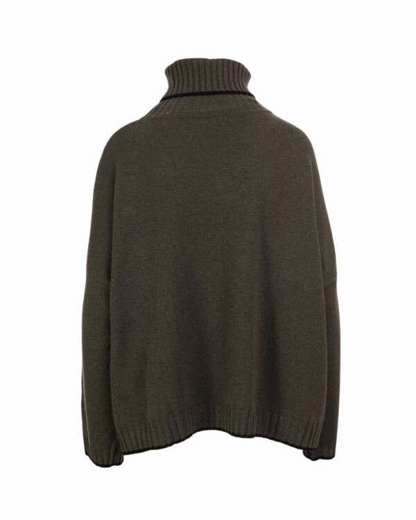 Cashmere Mix Roll Neck Box Knit Jumper - Fir Green/Black