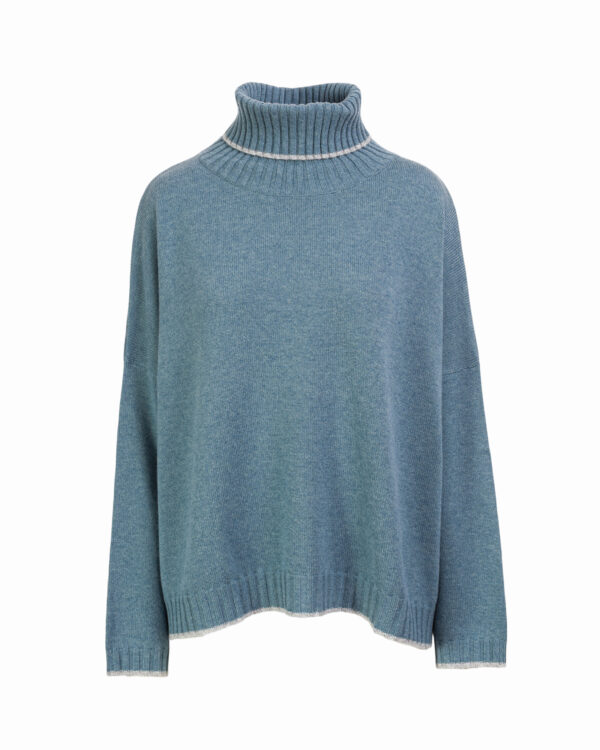 Cashmere Mix Roll Neck Box Knit Jumper - Teal Marl/Silver