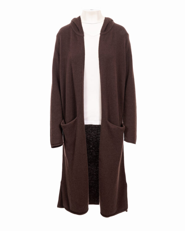 Cashmere Lambswool Long Hooded Cardigan - Dark Chocolate