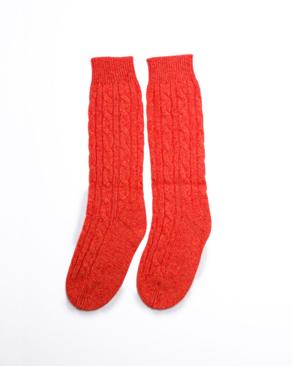 Cashmere Lambswool Cable Bed Socks - Flame