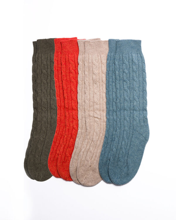 Cashmere Lambswool Cable Bed Socks - Flame