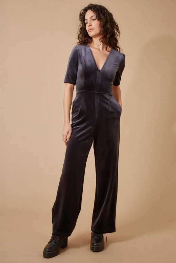 Traffic People Corduroy V-Neck Jumpsuit in Charcoal