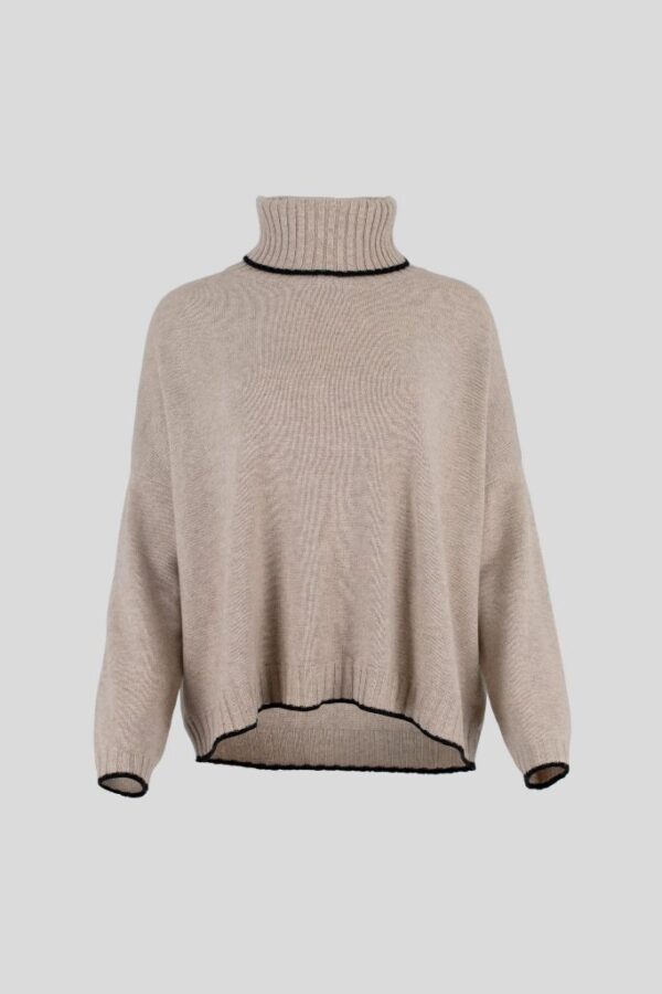 Cashmere Mix Roll Neck Box Knit Jumper - Stone Marl/Black